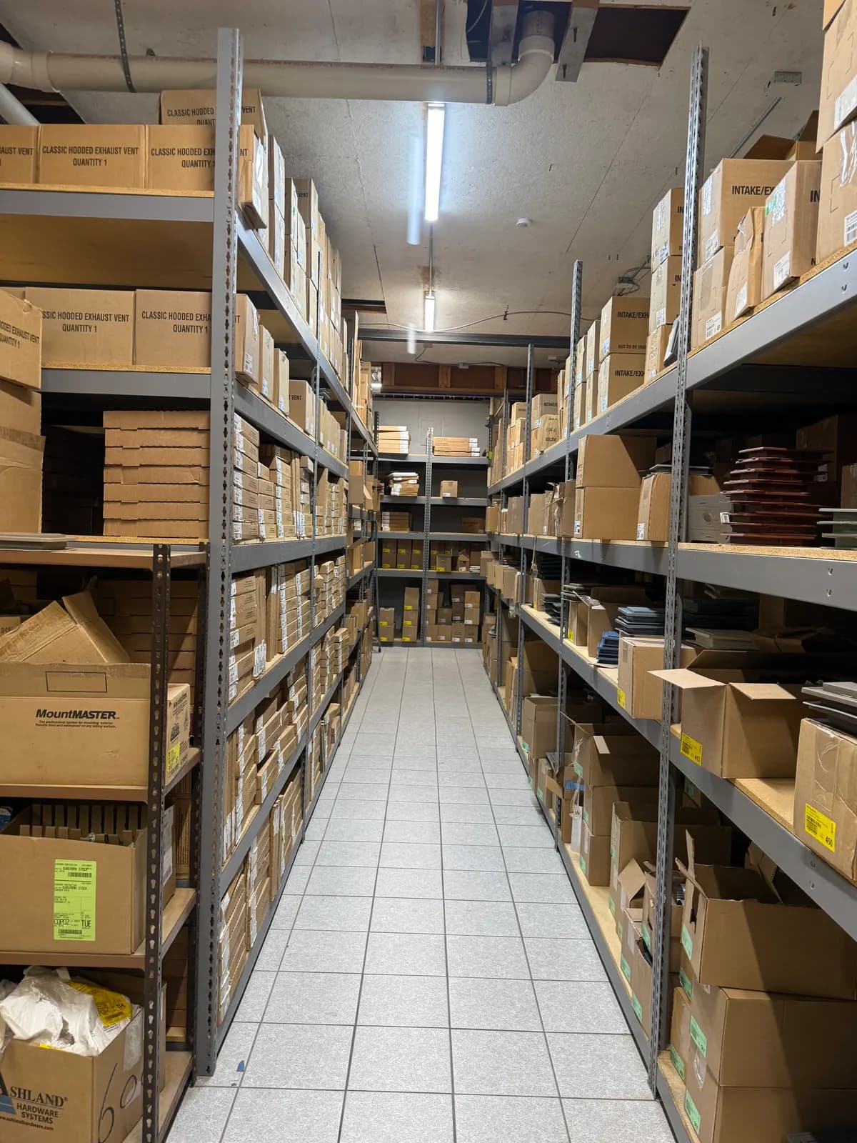 Climate-controlled warehouse aisle of accessories