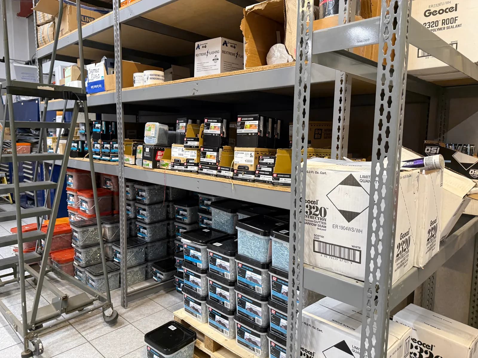 OSI sealants and accessories on warehouse shelving