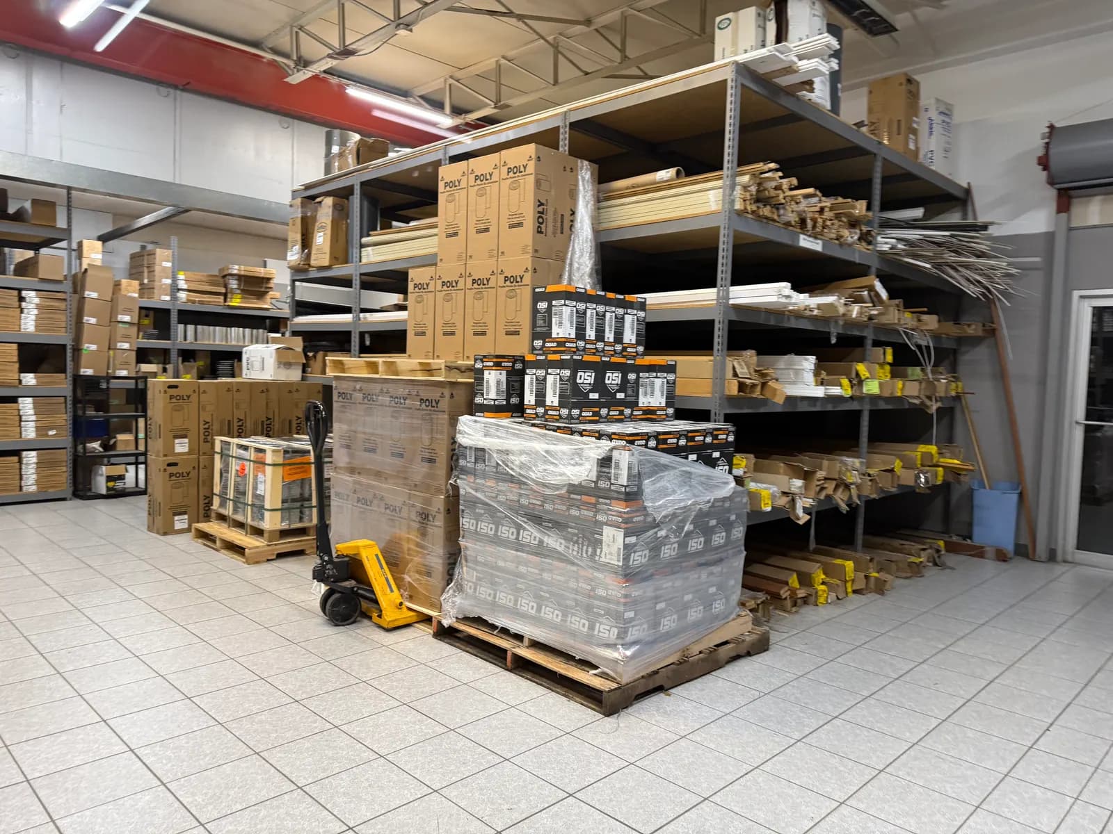 Trim and pallets in the climate-controlled warehouse