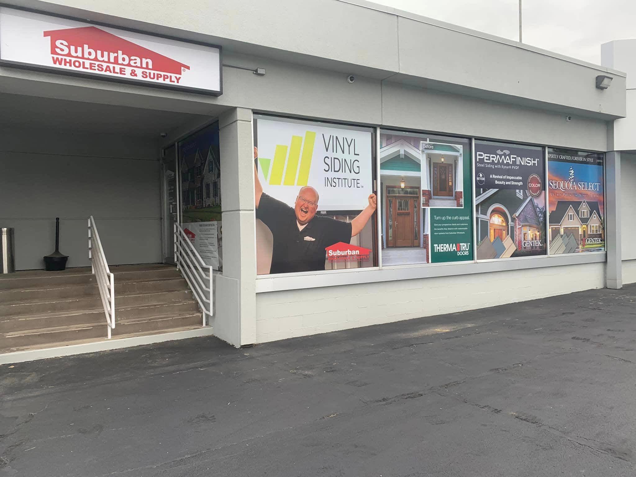 The Suburban Wholesale & Supply storefront and showroom entrance at 3602 N Harrison St, Davenport, Iowa